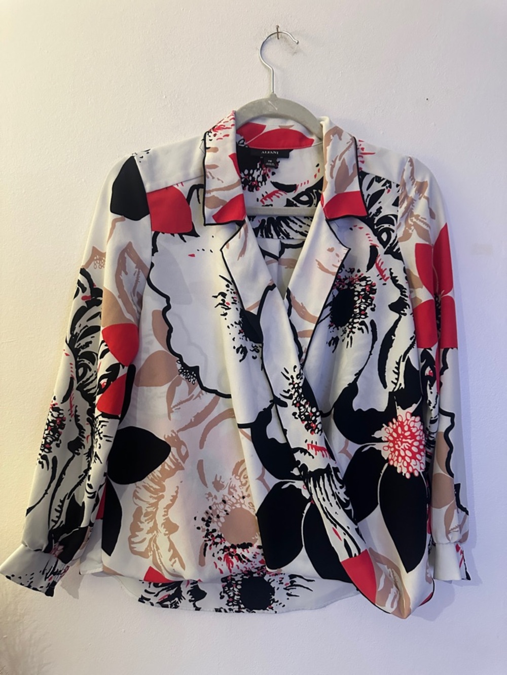Alfani Floral Draped Wrap Blouse in White, Black & Red - Preloved